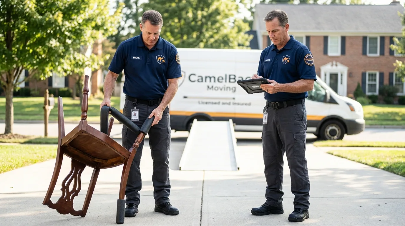 Movers inspecting furniture for damage prevention before loading in Cottonwood, AL