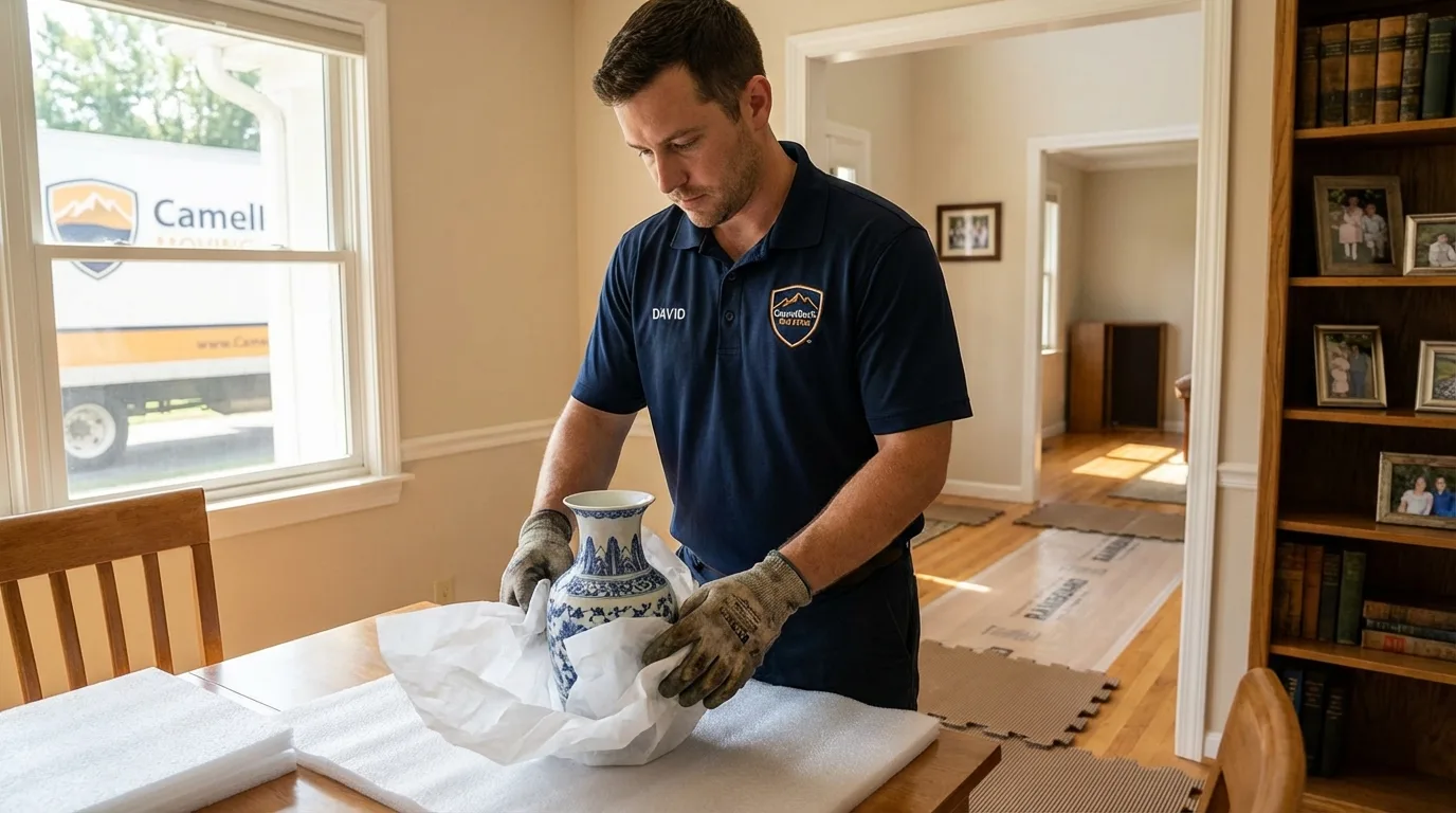 Professional crew carefully wrapping antique vase for senior downsizing move in Cottonwood, AL